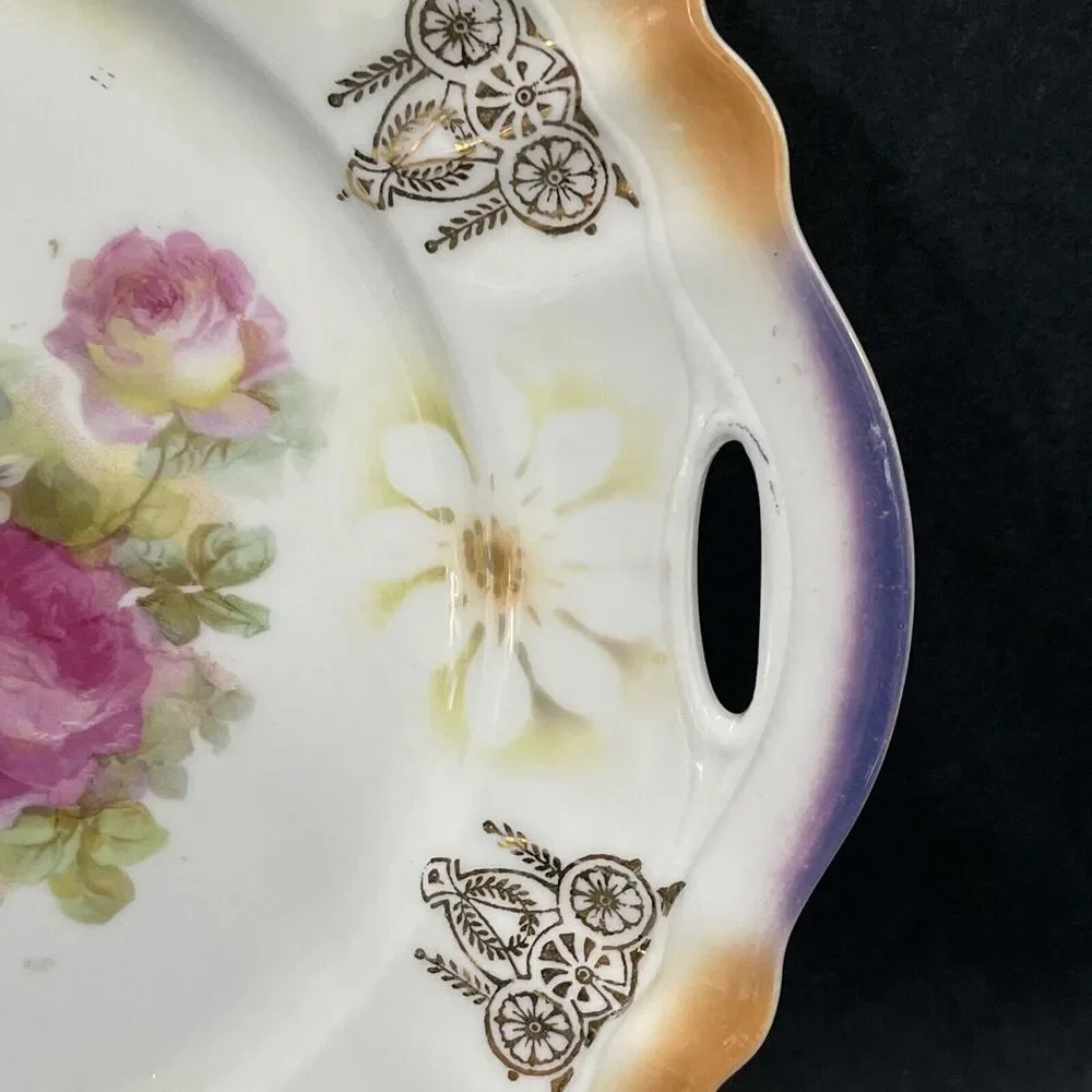 VTG German Porcelain Lusterware Roses Flowers Enclosed Handle‎ Cake Plate 9.75”